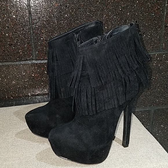 BLACK PLATFORM BOOTIES W FRINGES SUPER HIGH HEELS MOBWIFE CLUBWEAR GOING OUT - Picture 11 of 11